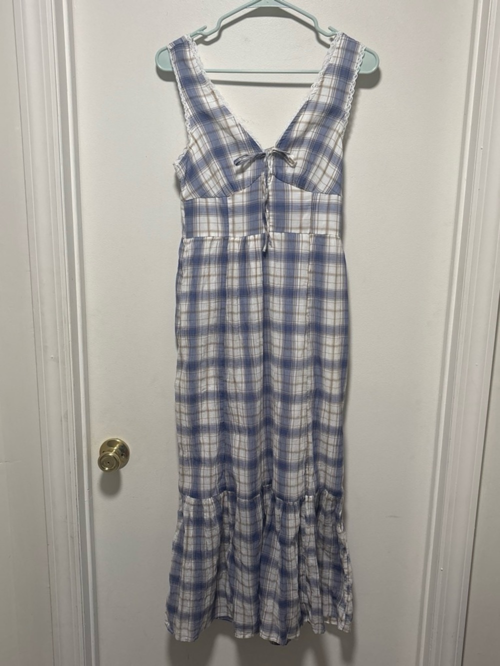 American Eagle Blue and White Plaid Maxi Dress with Tie Front summer bow